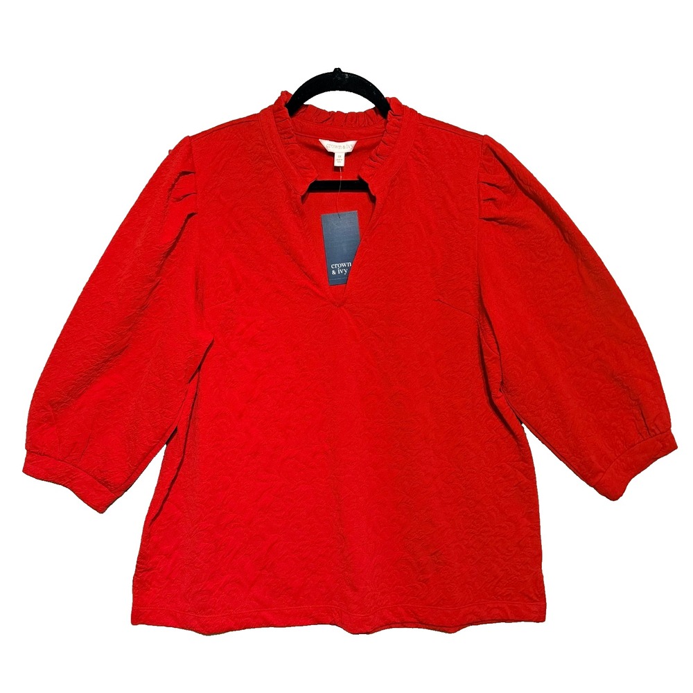 Crown & Ivy Women's 1X Red Jacquard Ruffle Neck 3/4 Sleeve Blouse Top Plus